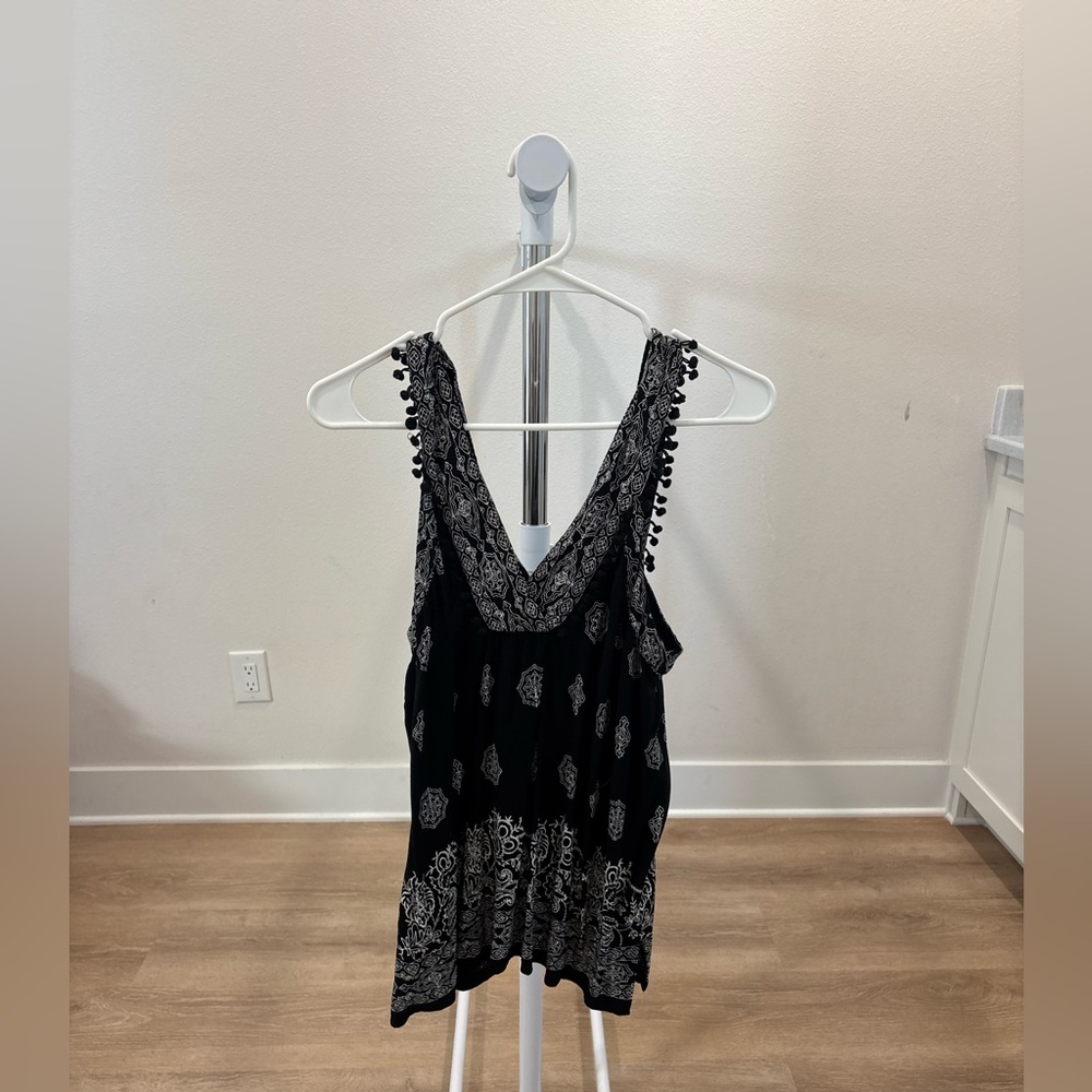 LOFT Black Tank Top with White Paisley Motif and Delicate Trim